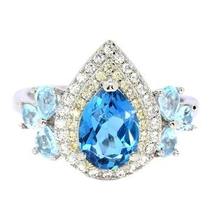 Elegant Genuine London Blue Topaz Teardrop w/ topaz & Zircon Ring Sz 9.25